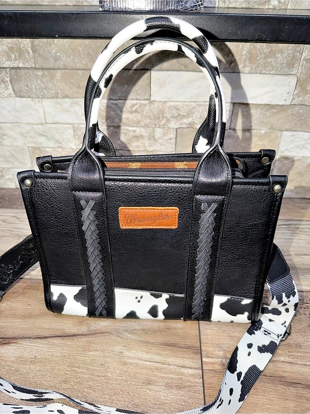 Wrangler Cow Print Crossbody Tote Purse WG386-8120SBK in Black & White